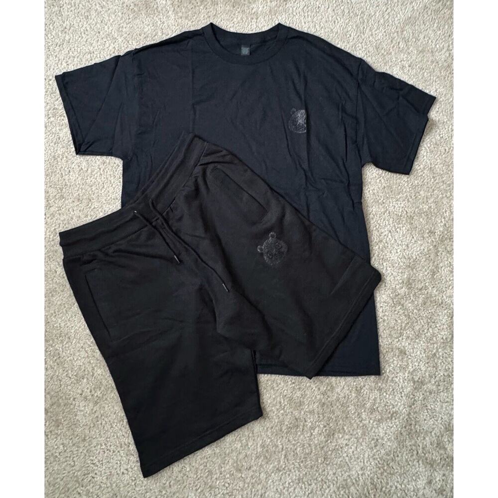 NEW T-shirt Bear Black Sparkle Logo And Sweat Shorts SET Mens Size Medium